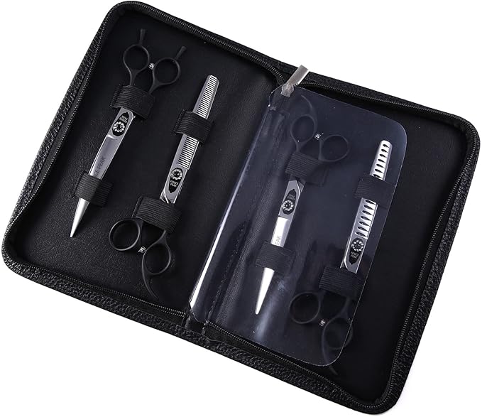 Fenice Peak 7.0'' Professional Dog Grooming Scissors Set with Black Non-Slip Handle 440C Stainless Steel Straight Thinning Curved Chunker Shears 4pcs Set for Pet Grooming Services