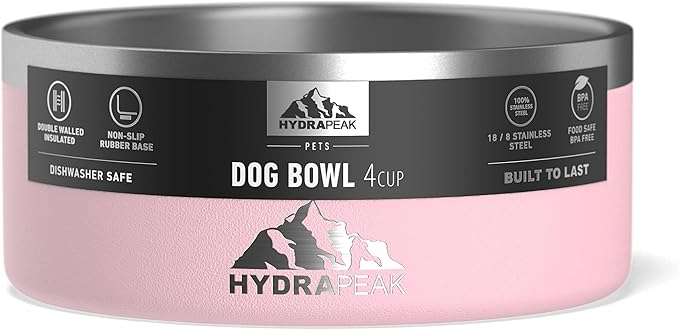 Hydrapeak Dog Bowl; Non Slip Stainless Steel; Water and Food Dish; Large Sized and Small Dogs; 32oz 64oz; Multiple Sizes; 4 Cup | Pink