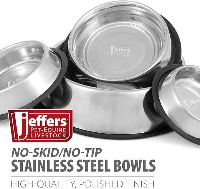 Jeffers Pet Stainless Steel Dog Bowl – No Skid, No Tip Food & Water Bowls for Puppies, Small, Medium, Large Breeds – Heavy Duty, Dishwasher Safe Feeder for Indoor, Outdoor, Travel Use – 3 Quart