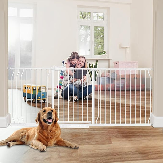 HOOEN 30" Tall Extra Wide Baby Gate for Doorways Stairs Large Long Dog Gates Pressure Mounted Indoor Safety Gates Walk Through Toddler Child Gates for Kids or Pets (White,76.38"-86.3")