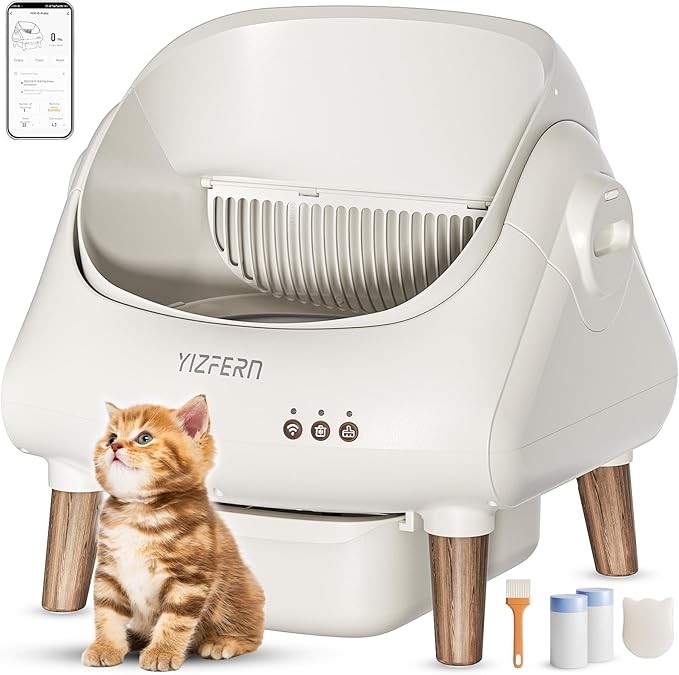 Self Cleaning Litter Box for Multiple Cats, Automatic Cat Litter Box with App Control, Open Top Design, Safety Protection, Ultra-Quiet, Includes Waste Bags, Large Waste Bin, & Brush (Wooden)