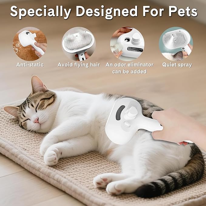Pet Steam Brush for Dog & Cat,4-in-1 Spray Hair Removal Comb with Waterless Shampoo,Steam for Shedding & Grooming–Water Brush for Long & Short Haired Pets –Anti-Static & Skin-Friendly Design (White)