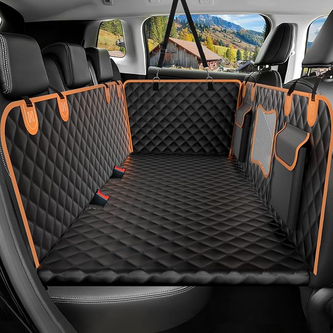 Back Seat Extender for Dogs,Hard Bottom,Waterproof Dog Car Seat Cover for Back Seat Holds 450 lbs - Detachable, Scratch-Proof and Anti-Slip Dog Hammock for Cars, SUVs and Trucks, Bk+ORG