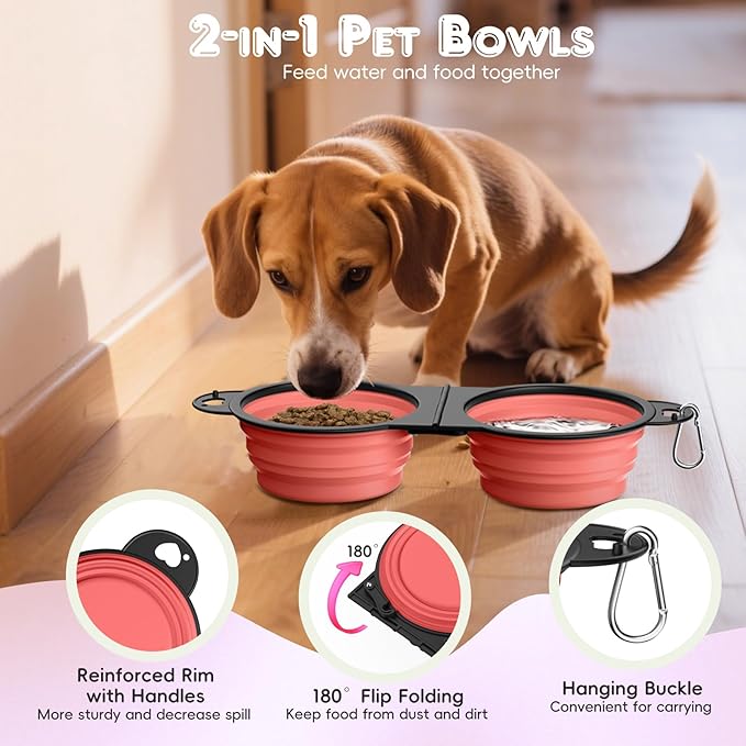 Pawaboo 2-in-1 Collapsible Dog Bowls, Dual Puppy Food and Water Bowls, 180° Flip Over Portable Silicone Dog Bowl with Metal Hook, 450ml Pet Travel Feeder Bowl for Walking Hiking Camping, Light Pink
