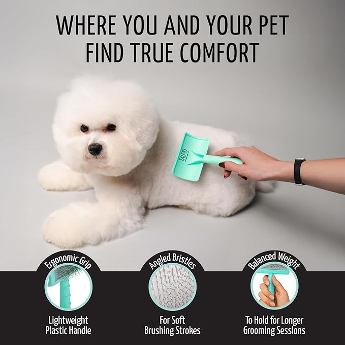Tauro Pro Line Plastic Long & Short Hair Slicker Dog Brush for Deshedding & Detangling - Mint Slicker Brush for Dog & Cat Grooming - Rectangular, Flexible Cushion & Non-Slip Grip