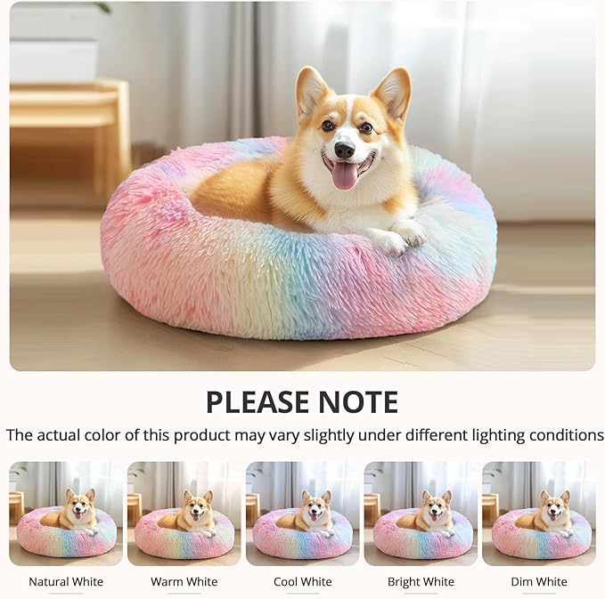 JOLLYVOGUE Medium Calming Dog Bed, Anti-Anxiety Donut Cuddler Cat Bed with Anti-Slip Bottom, Fluffy Faux Fur Machine Washable Pet Cushion for Medium Dog & Cat, 27"/Rainbow