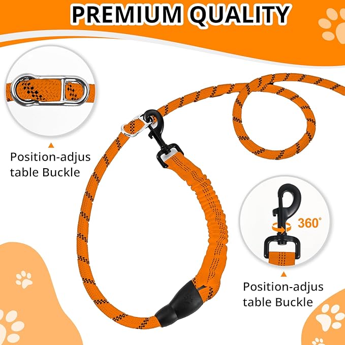 Heavy Duty Hands Free Dog Leash, 10FT Adjustable Handsfree Training With Shock Absorbing Bungee, No Pull Tangle Free Reflective Body Waist for Walking Running (Orange)