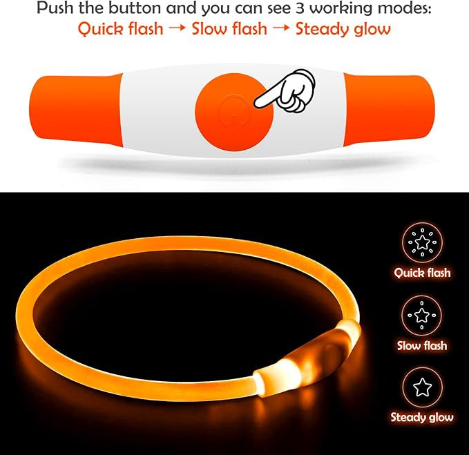 Led Dog Collar, BSEEN USB Rechargeable Flash Dog Necklace Light, Pet Safety Collar Makes Your Beloved Dogs Be Seen at Night for Small Medium Large Dogs(Orange)