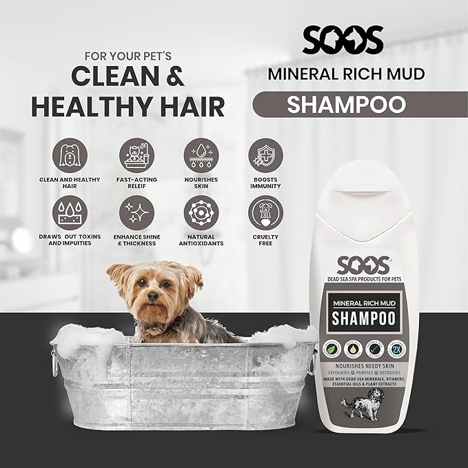 Soos Pet Dog Shampoo for Cats and Pets Mineral Rich Mud Natural Dead Sea Cruelty Free Fast Absorbing Skin Cooling First Aid Antib-acterial and Antif-ungal Odor Remover - 1x 250ml