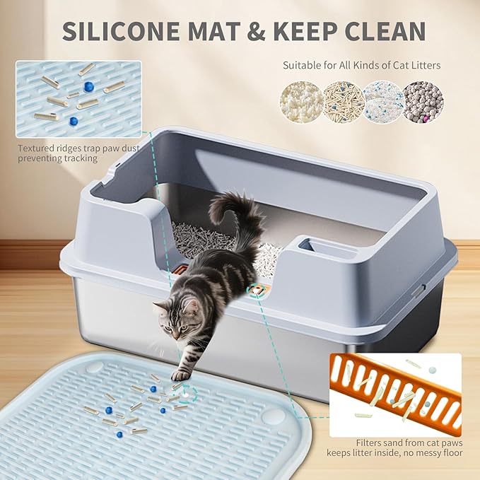 XL Stainless Steel Litter Box with Lid - 23.7"×15.7"×10.6" High Sided Metal Tray for Big/Multi-Cats, Anti-Leak Easy Clean Scoop & Foot Mat (Blue)