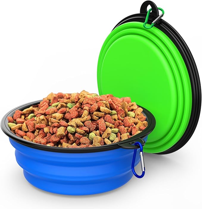 2 Pack Collapsible Dog Bowl Travel Portable Pet Bowls [20oz,600ml],Expandable Foldable Food Water Feeding Dishes for Traveling Hiking Walking,with Carabiners [Green,Blue]