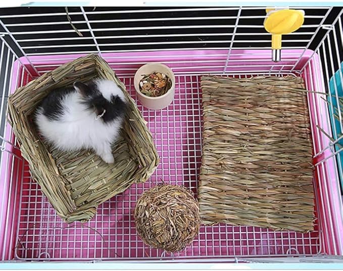 Hamiledyi Grass Mat Woven Bed Mat for Small Animal 4PCS Large Bunny Bedding Nest Chew Toy Bed Play Toy for Guinea Pig Parrot Rabbit Bunny Hamster Rat