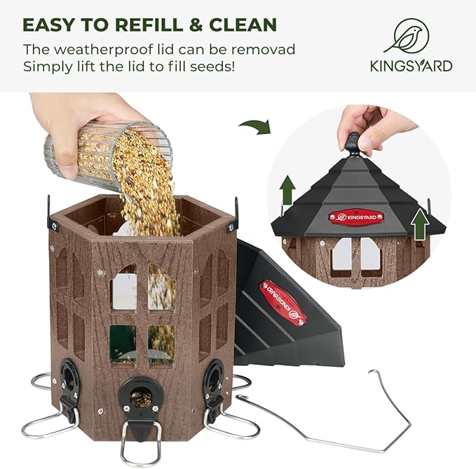 Kingsyard Wild Bird Feeder for Outdoor Hanging, Recycled Plastic Bird Feeders with 6 Ports & U-Shape Perch, Garden Yard Outside Decoration, 3.5 lbs Seed Capacity, Brown