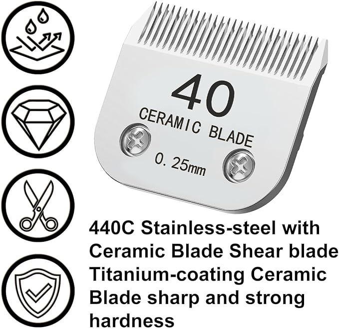 40# Silver Detachable Clipper Ceramic Blades, Dog Grooming Clipper Replacement Blades Compatible with Dog Clippers, KM Series Clippers, A5, Size 40, Cut Length 1/100"(0.25mm)