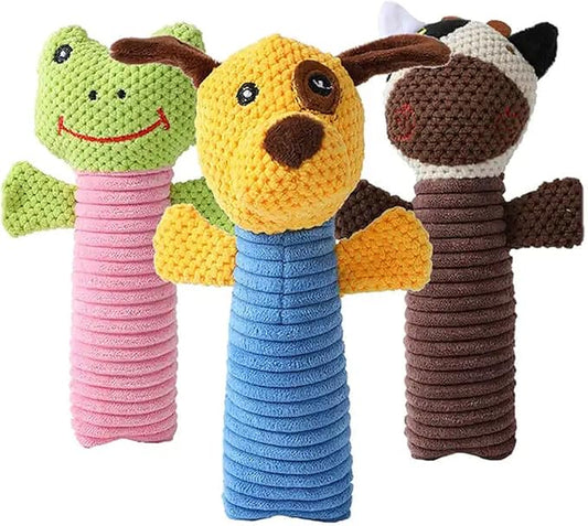 3 Piece Dog Toy Set — Stuffed Animals Chew Toy, Pet Squeakers Toys for Dogs — Durable Puppy Plush Toy Medium, Small Breed Outdoor, Indoor Chewers Squeaky Toys for Puppies — Calf, Frog, Puppy