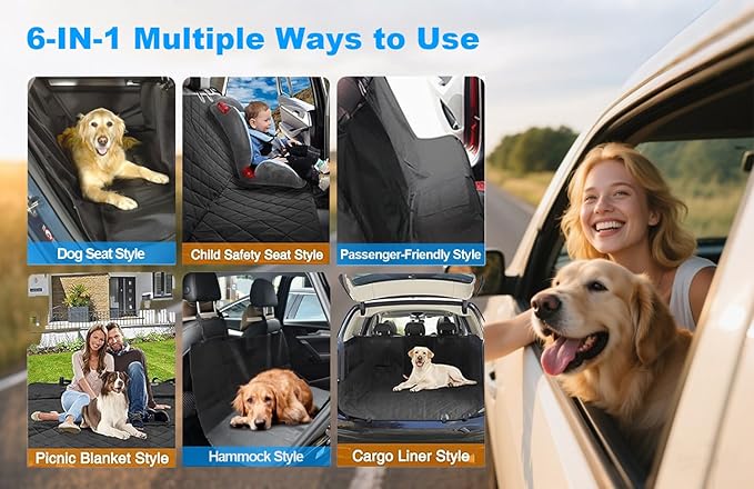 Dog Hammock Car Seat Cover –100% Waterproof, 600D Heavy Duty with Side Flaps | Scratch-Proof, Nonslip Back Seat Protector for Cars, Trucks, SUVs，dog car seat cover for back seat (Black/Thin)
