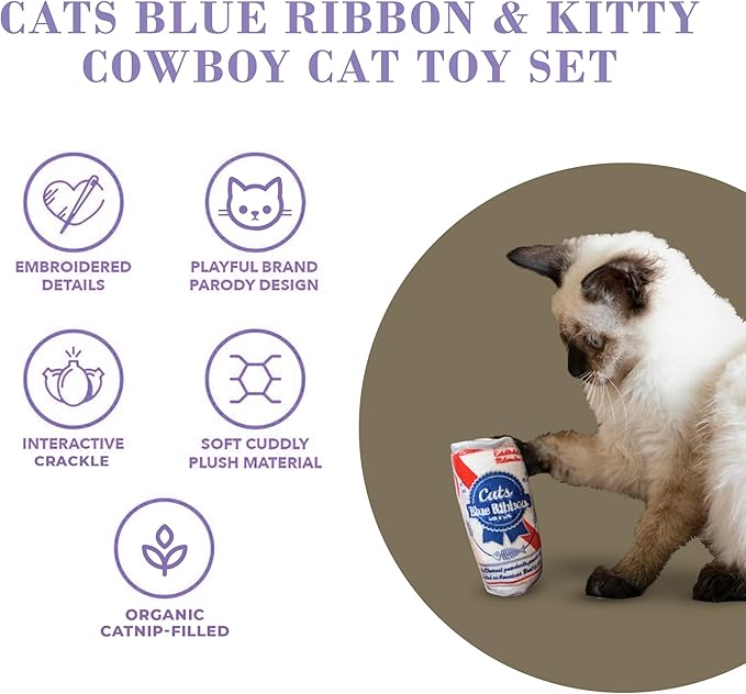 Cats Blue Ribbon + Kitty Cowboy Set, Plush Cat Toys Catnip Filled with Interactive Crackle Sound, Safe & Durable Toys for Cat & Kitten, 4 Pcs