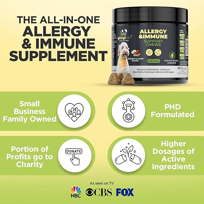 Googipet Dog Allergy Chews, Seasonal Dog Allergy Relief & Itchy Skin Relief, Skin & Coat Supplement +Bee Pollen, Colostrum, Coconut Oil, Probiotics, & Omega 3 Fish Oil for Dogs