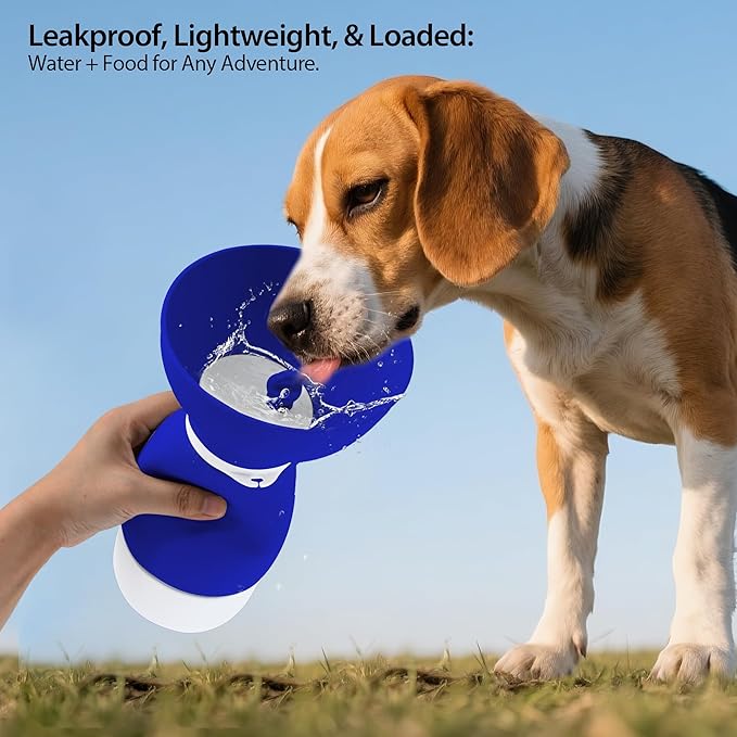 Portable Pet Water Bottle - 20 oz with 8.8 oz Food Container,Silicone Leakproof Travel Bottle for Dogs Cats, Detachable Feeding Dish for Walking Hiking Travel Blue