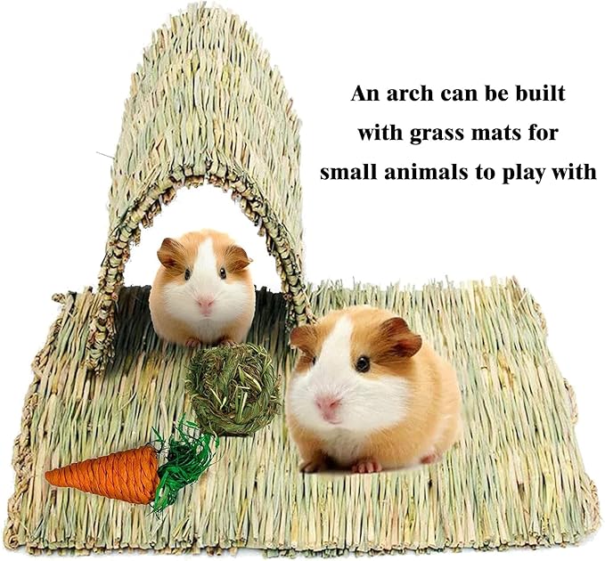 kathson 4 PCS Large Grass Mat for Rabbit, Natural Bunny Woven Hay Mat Straw Small Animal Bedding Nest for Guinea Pigs Hamster Chinchillas Puppy Biddy Sleeping Chewing Scratching