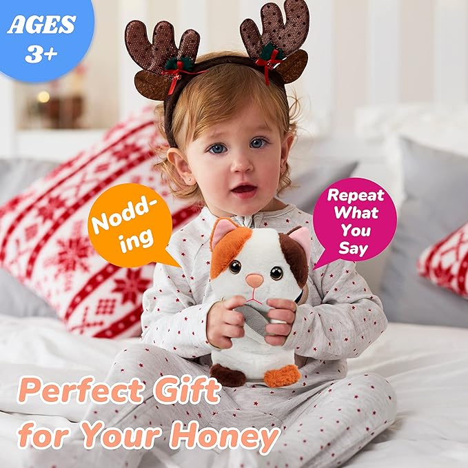 Hopearl Talking Kitty Repeats What You Say Cat with Fish Nodding Electric Interactive Animated Toy Speaking Plush Buddy Gifts for Toddlers, 7''