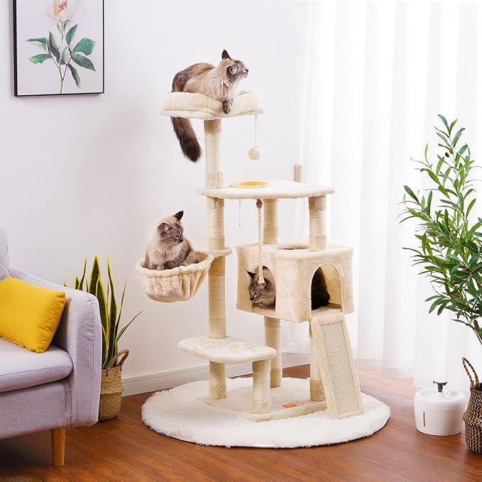 Heybly Cat Tree, Cat Tower for Indoor Cats with Scratching Board, Multi-Level Cat Furniture Condo with Feeding Bowl, Beige HCT010M