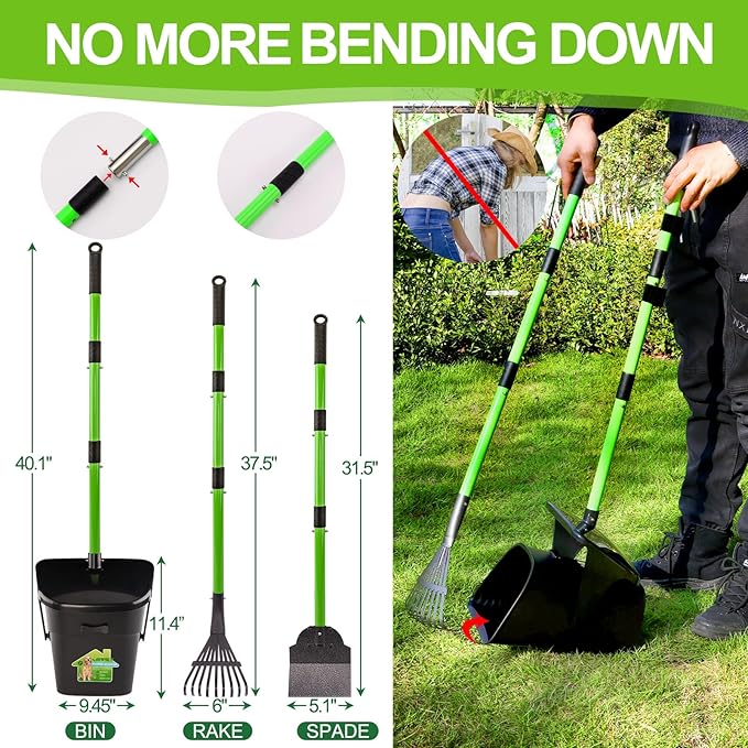 LANNEY Pooper Scooper - 38" Long Adjustable Metal Handle Dog Pooper Scooper Swivel Bin & Rake & Spade with 50 Bags Attachment, Portable Heavy Duty Dog Poop Scooper for Yard Dogs Large Medium Small