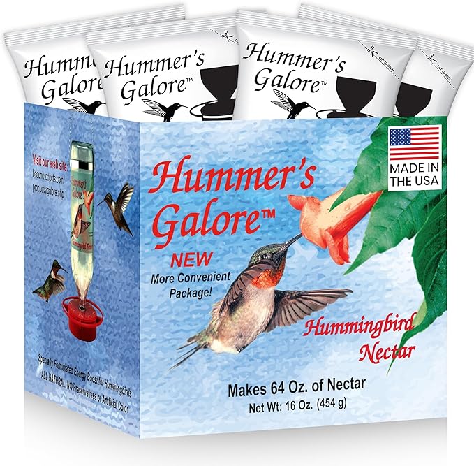 Hummer's Galore Made in USA Hummingbird Food - Ready-to-Mix Hummingbird Nectar, All-Natural Nectar Collector Formula, No Preservatives or Dyes, Makes 64 Ounces (4 Packets Included)