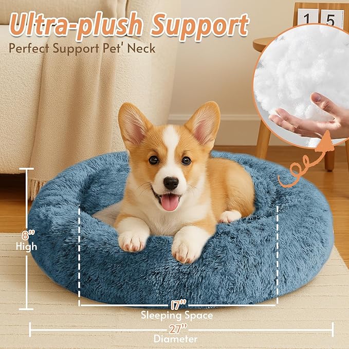 JOLLYVOGUE Calming Dog & Cat Bed for Small Dogs, Anti-Anxiety Donut Cuddler Cozy Soft Round Bed with Anti-Slip Bottom, Fluffy Faux Fur Plush Cushion Beds for Small Medium Dogs (27")