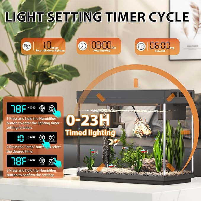 Fish Tank, 2.4 Gallon Fish Aquarium, Fish Tank Starter kit with Smart Humidifier, Temperature Display, 7-Color Lighting, 3 in 1 Quiet Pump with Filteration & Oxygenation & Circulation