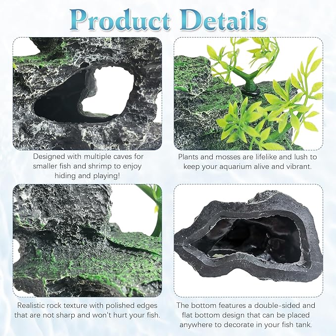 kathson Aquarium Mountain View Stone Resin Fish Tank Decorations Betta Hideout Caves Rockery Landscape Tree Aquarium Decorations Rock Hiding Cave Decor for Small Fish Shrimp Play Ornament