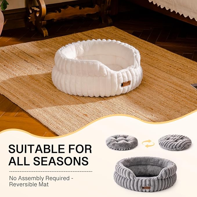 MEWOOFUN Cat Beds for Indoor Cats, Washable Dog Bed for Small Dogs, Round Pet Bed for Puppy and Kitten with Anti-Slip Bottom (Beige, 20"x20"x8")