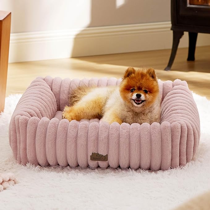 Bedsure Washable Dog Bed for Medium Dogs - Cute Furry Puppy Beds, Rectangle Orthopedic Corduroy Fleece Pet Beds with Removable Zipper Cover, 30x24x8inches, Blush Pink