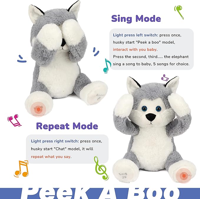 Hopearl Peek A Boo Husky Interactive Repeats What You Say Plush Dog Toy Musical Singing Talking Stuffed Animal Adorable Electric Animate Birthday Festival, Gray, 11.5''