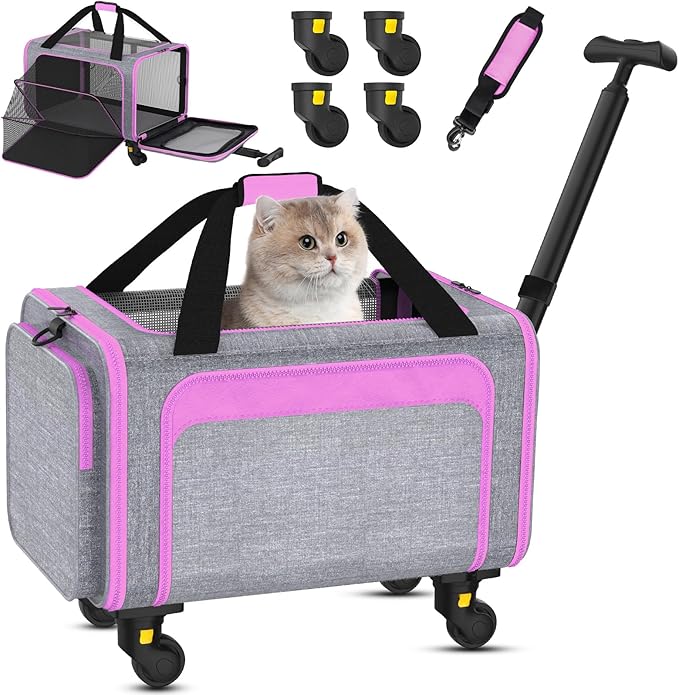 3-in-1 Upgraded Pet Carrier with Wheels, 18" x 11" x 11" TSA Airline Approved, Cat Carrier on Wheels for Small Cats Up to 15Lbs, Rolling Pet Carrier, Cat Soft-Sided Bag for Flying, Travel & Vet