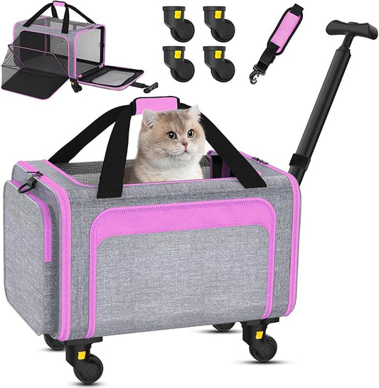 3-in-1 Upgraded Pet Carrier with Wheels, 18" x 11" x 11" TSA Airline Approved, Cat Carrier on Wheels for Small Cats Up to 15Lbs, Rolling Pet Carrier, Cat Soft-Sided Bag for Flying, Travel & Vet