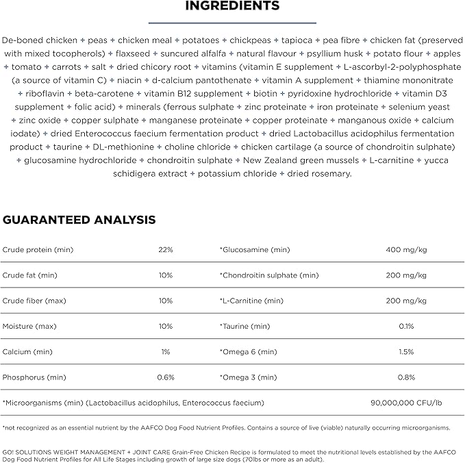 Go! Solutions Weight Management + Joint Care, Grain-Free Dry Dog Food, Chicken Adult and Senior Recipe, 12 lb Bag