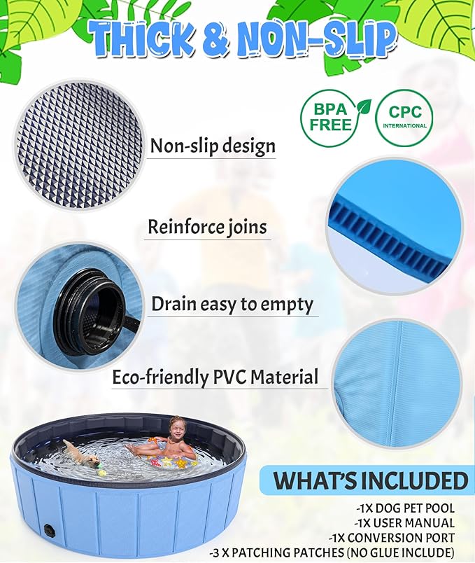 Oversize Dog Pool 75"x 16", Hyperzoo Foldable Dog Swimming Pool, Hard Plastic PVC Leakproof Doggie Wading Collapsible Pet Bathing Tub for Puppy Small Medium Large Dogs and Kids, Blue