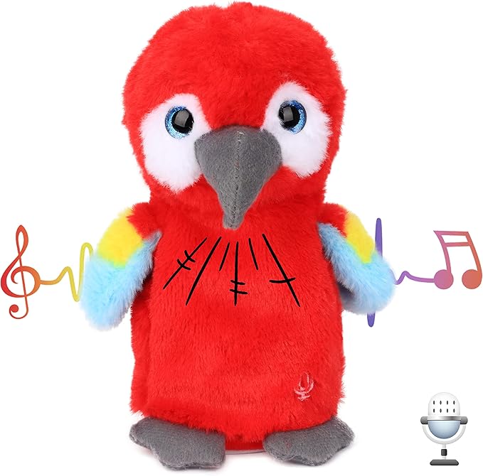 Hopearl Talking Parrot Repeats What You Say Nodding Electric Interactive Animated Toy Speaking Plush Buddy Gift for Toddlers, Red, 7.5''