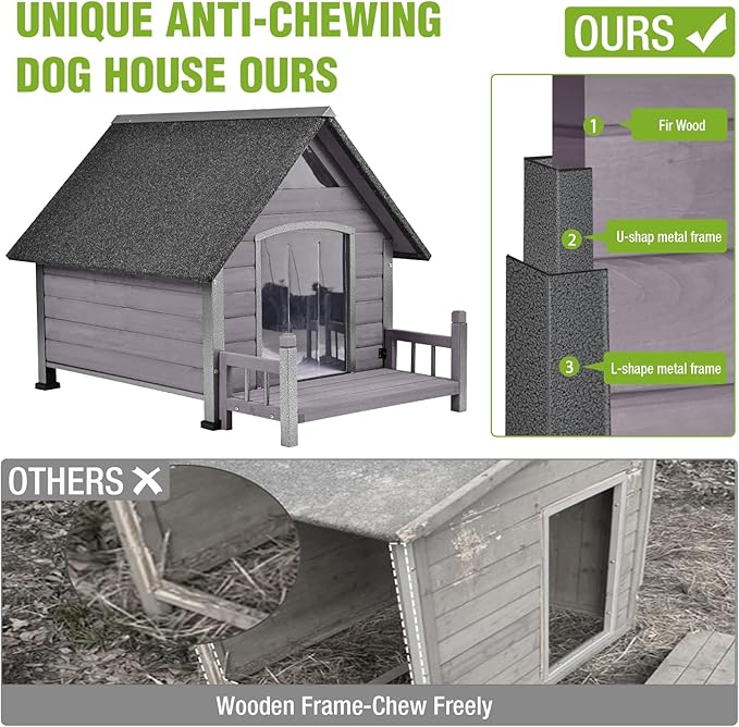 GUTINNEEN Outdoor Dog House Insulated Weatherproof Dog Kennel with Anti-Bite Metal Frame, Puppy Shelter with Insulated Liner and Porch for Small, Medium Large Dogs (Grey, 45’’ Medium)