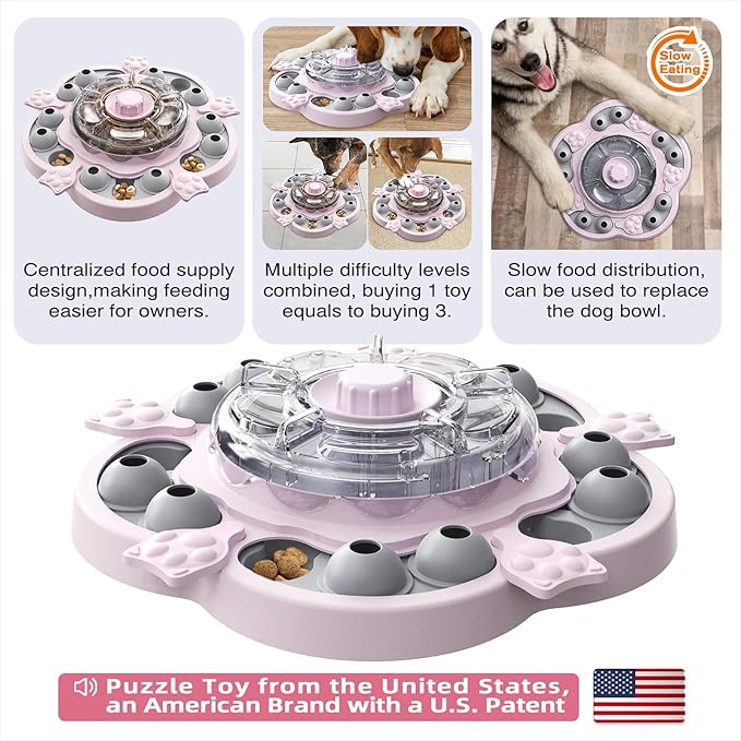 KADTC Dog Spinning Puzzle Toy Level 3 in 1 Treat Dispenser Kibble Dispensing Toys for Small/Medium/Large Dogs Slow Food Puzzles Feeder Puppy Brain Mental Stimulation Enrichment Mind Stimulating Game