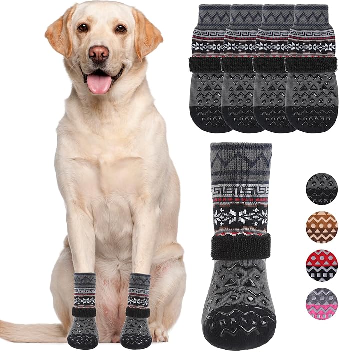 KOOLTAIL Dog Socks to Prevent Licking Paws for Hardwood Floors Anti Slip, Winter Warm Pet Boots&Paw Protector with Grippers, Double Sides Dogs Shoes Booties for Small Medium Large Senior Puppy Grey S