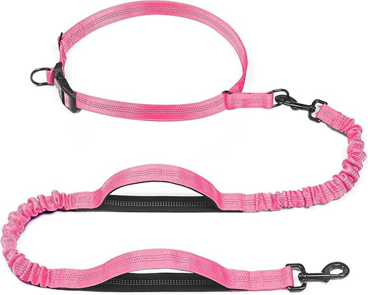 iYoShop Retractable Hands Free Dog Leash - Dual Handle Bungee Waist Leash for Small, Medium and Large Dogs (Medium/Large, 25-150 lbs, Pink)