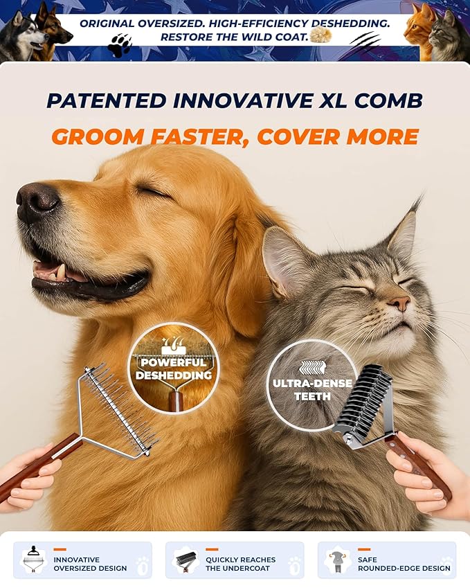 Extra Large 2-Sided Undercoat Rake for Dogs & Cats, Dog Brush for Shedding Remove Mats, Dematting Comb, Safe&Gentle Grooming Brush for German Shepherds Medium to Long-Haired Pets,Premium Wooden Handle