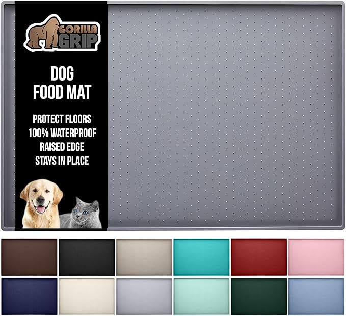GORILLA GRIP 100% Waterproof Raised Edge BPA Free Silicone Pet Feeding Mat, Dog Cat Food Mats Contain Spills Protects Floors, Placemats for Cats and Dogs Water Bowl, Pets Accessories 16x10, Gray