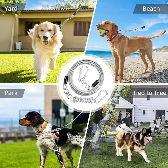 Jenico Dog Tie Out Cable, 10-150FT Runner Cable with Swivel Hook and Shock Spring, Yard and Camping Dog Leash Tether for Small to Medium Pets Up to 500 LBS