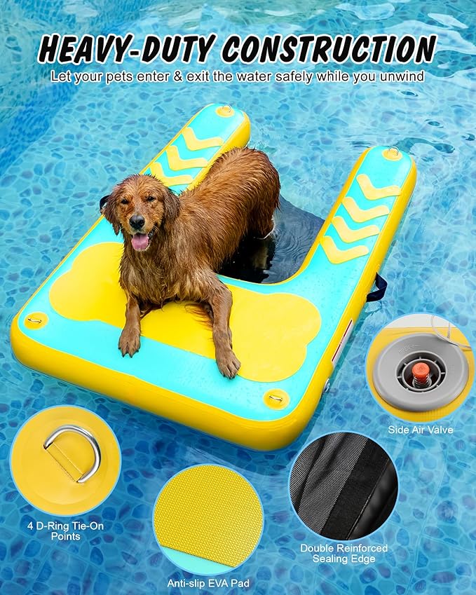 Inflatable Dog Water Ramp, 60"x 40" Extra Large Boat Ramp Floating Dock for Pool Dock Lake Boat, Non-Slip EVA Floating Platform Swimming Float Ladder Steps Pup Plank Pool Ramps for Dogs Up to 240 lbs