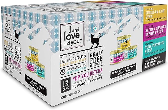 I and love and you Wet Cat Food - Ninja Cat Jiu Jit Stew Variety Pack - Chicken, Salmon, Tuna, Grain Free, Filler Free, 3oz Pack of 12 Cans