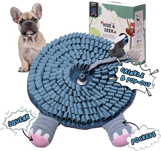 POPUPJOYS Durable Hide & Seek Snuffle Mat for Dogs, 2-in-1 Enrichment Puzzle Toy with Detachable Tail & Squeaker, Adjustable Difficulty Level with Suction, Machine Washable, Gift-Ready (Elephant)