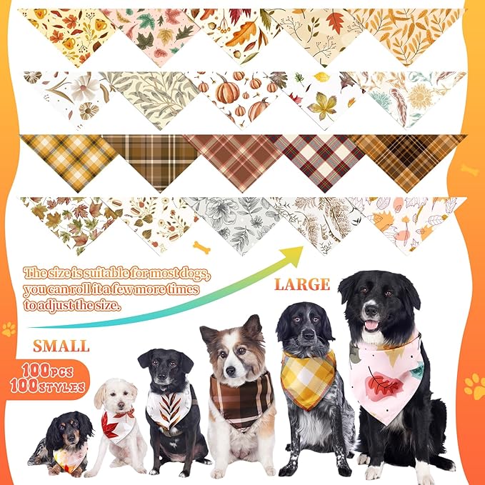100 Pcs Fall Dog Bandanas Bulk Pet Bibs Colorful Triangle Scarf Autumn Pet Bandanas for Medium Large Dogs Fall Autumn Harvest Festival Costume Decor